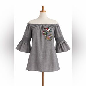 Gray Off-Shoulder Cotton Dress with Embroidered Details